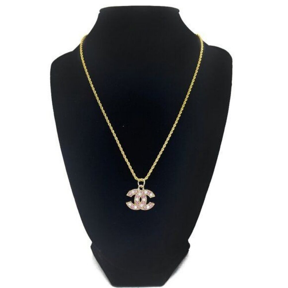 CHANEL CC Pink Rhinestone Charm Pendant on Necklace Gold Plated Chain - Picture 2 of 10